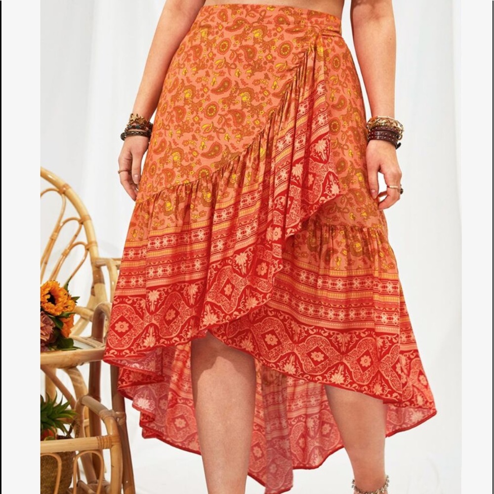 Boho Plus Size Orange Ruffle Hem Maxi Skirt - Picture 8 of 12